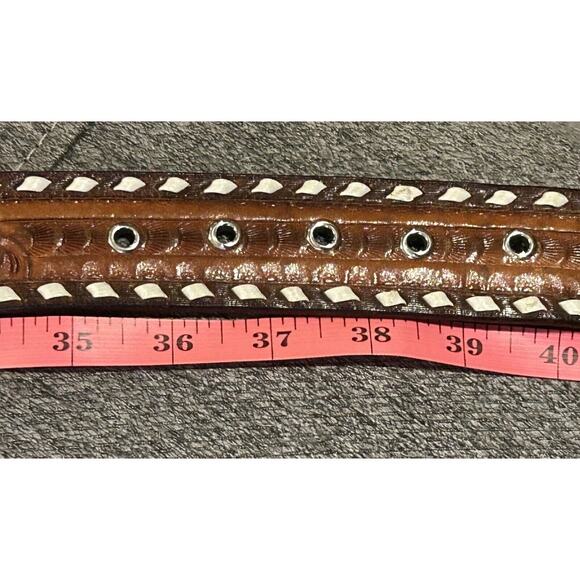 Vintage Tooled Stitched Western Cowboy Leather Belt - Picture 4 of 12